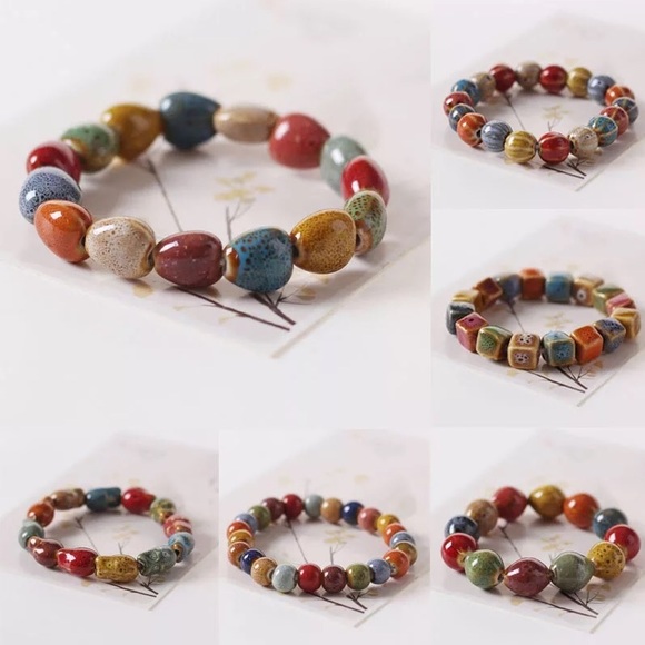 Ethnic Ceramic Bracelets Bead Chain Stretchable - Picture 2 of 3